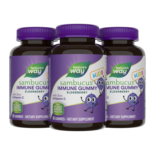 Nature's Way Sambucus Kids Gummies front of bottle for daily immune support.