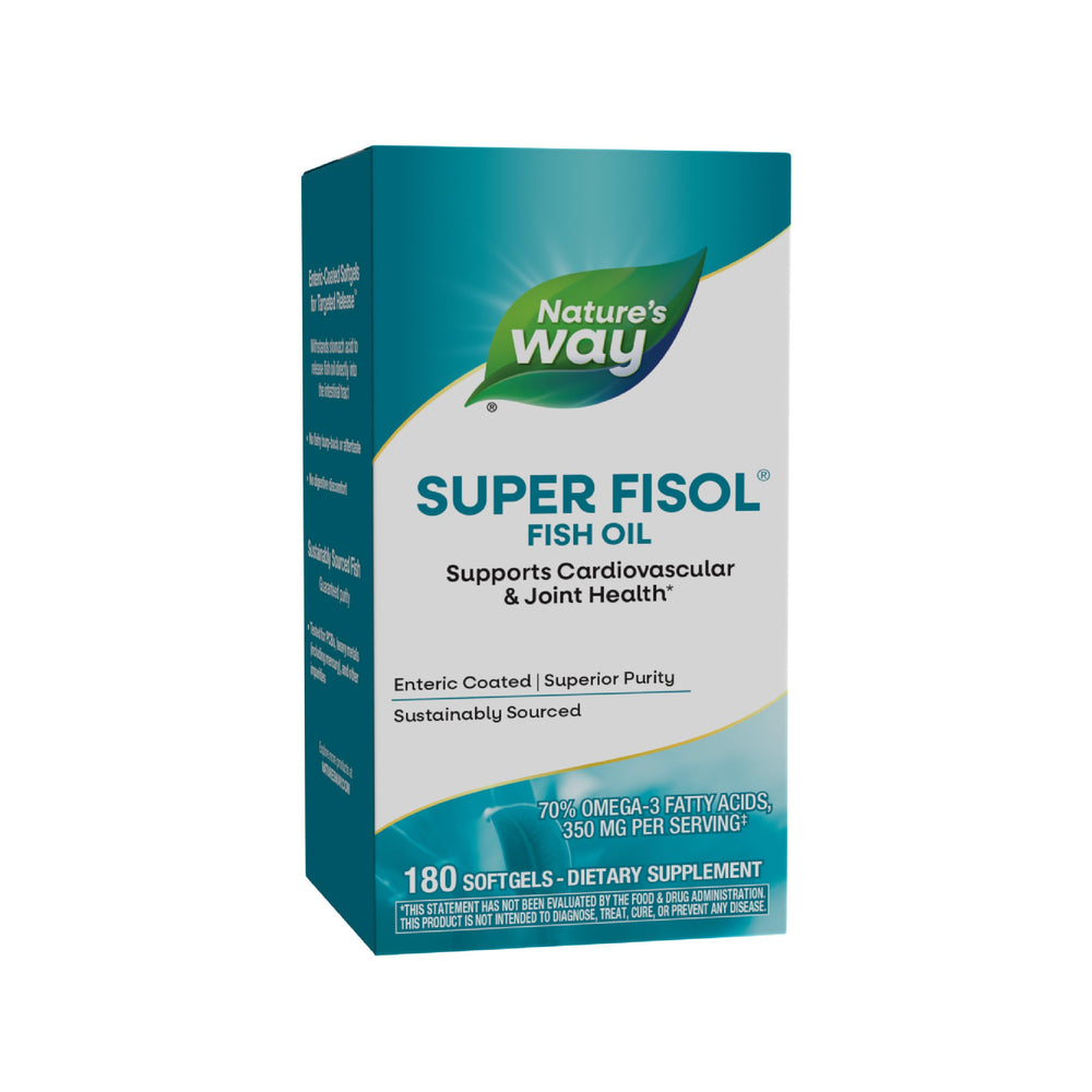 Nature's Way Super Fisol bottle front with enteric-coated softgels for digestion