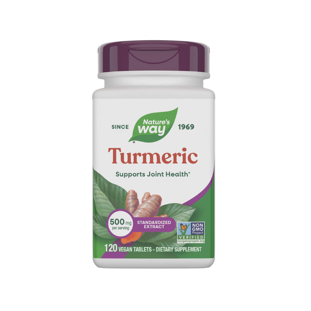 Nature's Way Turmeric Premium Extract bottle front with Non-GMO verification