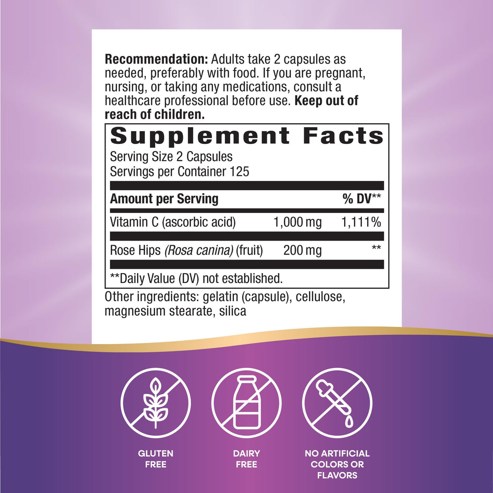 Close-up of Nature's Way Vitamin C with Rose Hips capsules for daily immune support