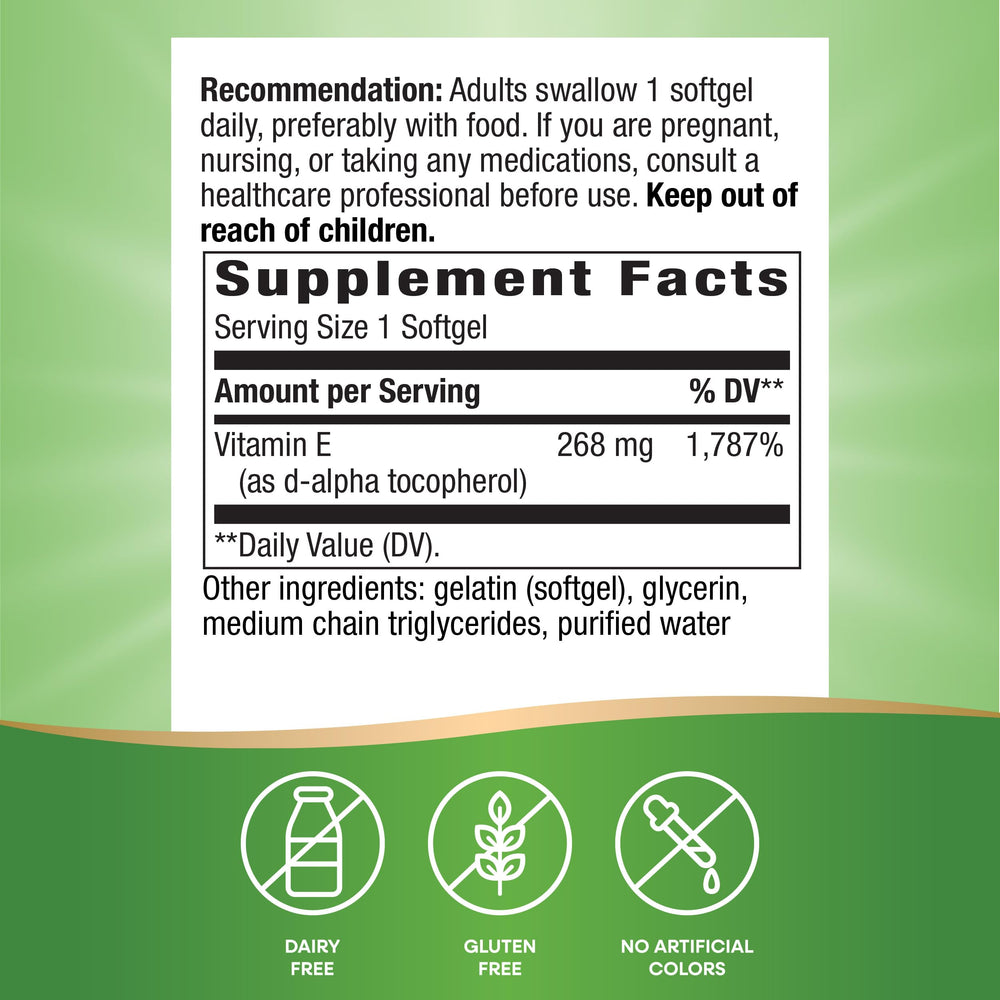 Nature's Way Vitamin E softgels label close-up highlighting d-alpha tocopherol.