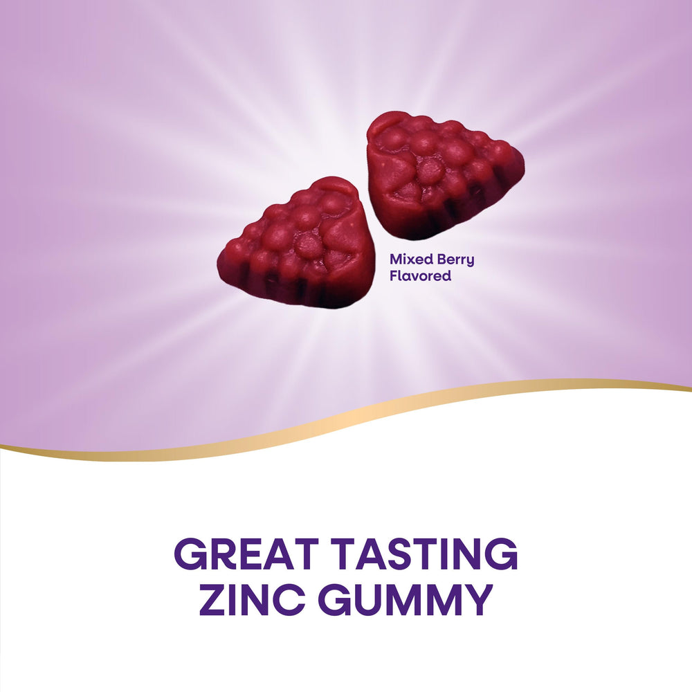 Nature's Way Zinc Gummies bottle back label with zinc DV and ingredients details for absorption