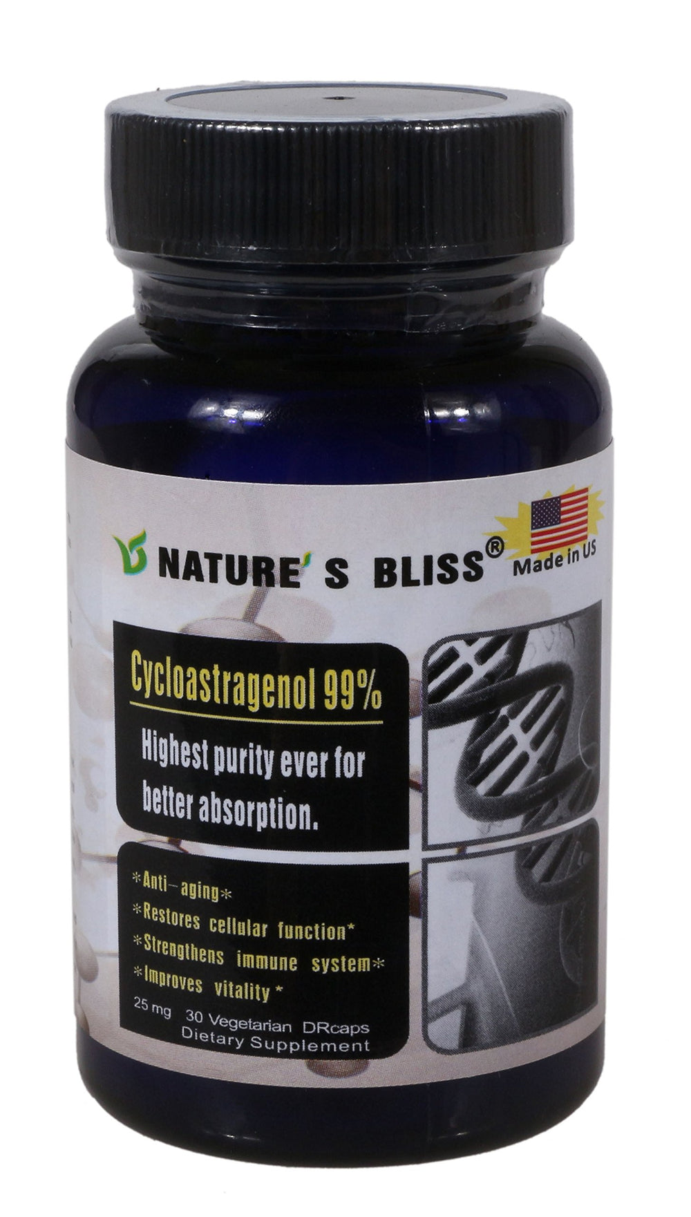 Nature'sbliss Cycloastragenol 25mg bottle front, for daily wellness and safety.