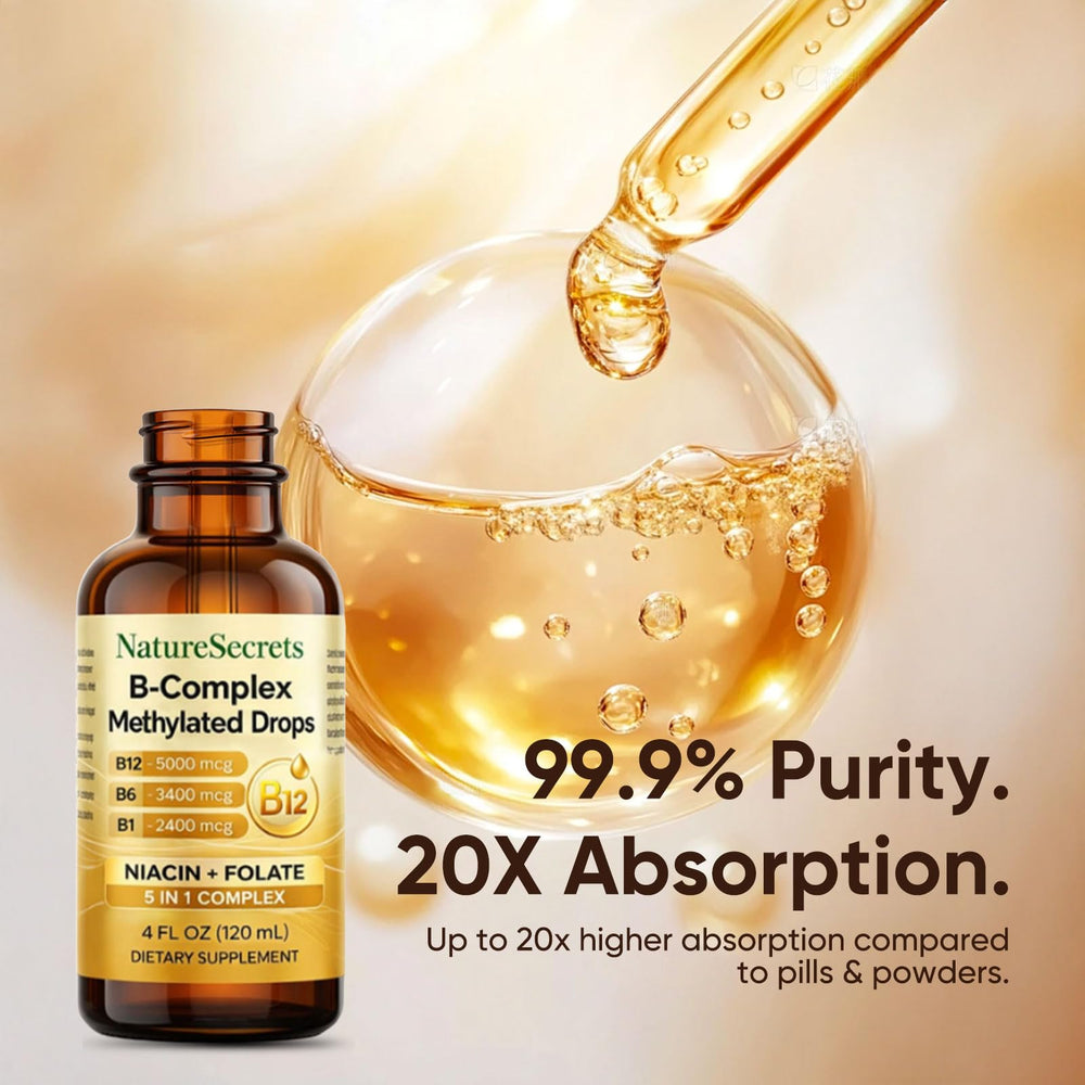 NatureSecrets B-Complex Drops amber bottle conveys freshness and storage protection.