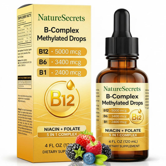 NatureSecrets B-Complex Drops bottle pour shows easy daily dosage for energy support.