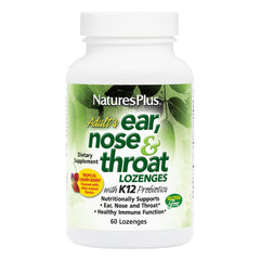 NaturesPlus Adults ENT lozenges front packaging showing 60-count bottle and branding for immune support and fresh breath.