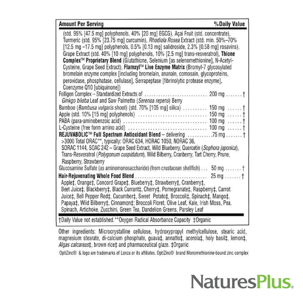 NaturesPlus AgeLoss ingredient panel highlights antioxidants and botanicals.