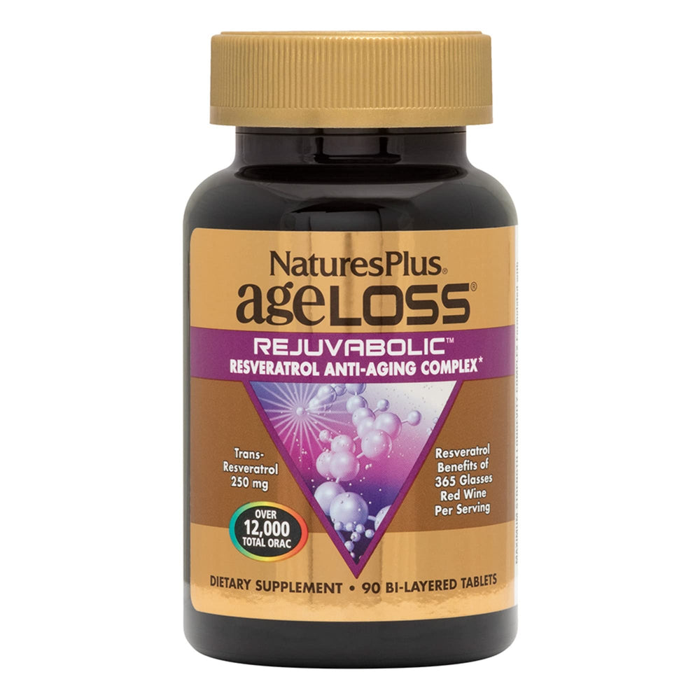 NaturesPlus AgeLoss REJUVABOLIC bottle highlights vegetarian, gluten-free formula for daily antioxidant support.