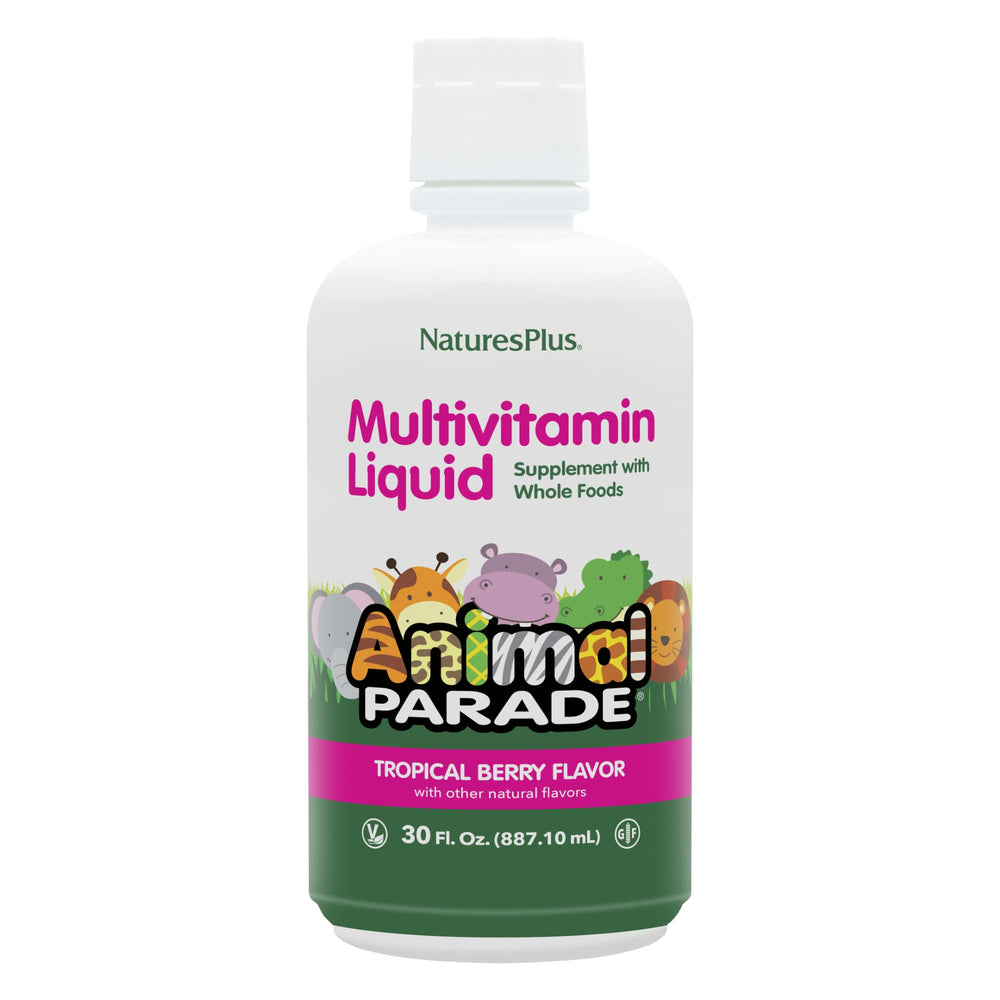 NaturesPlus Animal Parade bottle with tropical berry label, kid friendly multivitamin for daily support