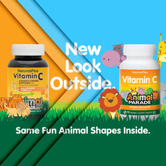 NaturesPlus Animal Parade chewables offer tasty orange flavor for kids' daily wellness.