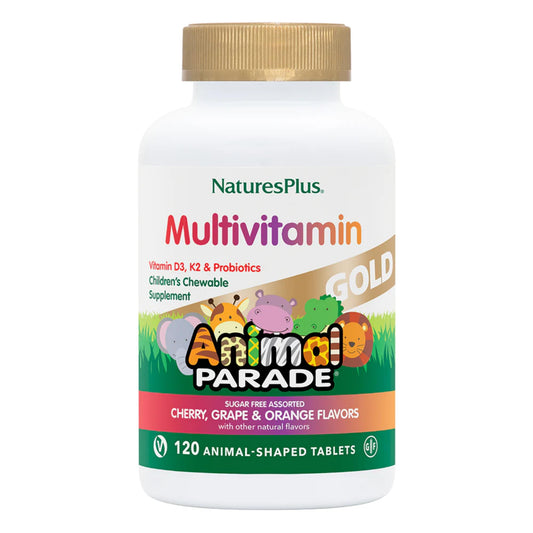 NaturesPlus Animal Parade chewables in assorted flavors for kids, kid-friendly daily multivitamin.