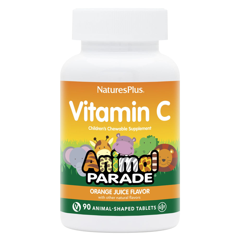 NaturesPlus Animal Parade orange-flavored chewables shaped as animals for kids' daily vitamin C.