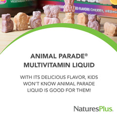 Child dosing NaturesPlus Animal Parade liquid multivitamin during morning routine