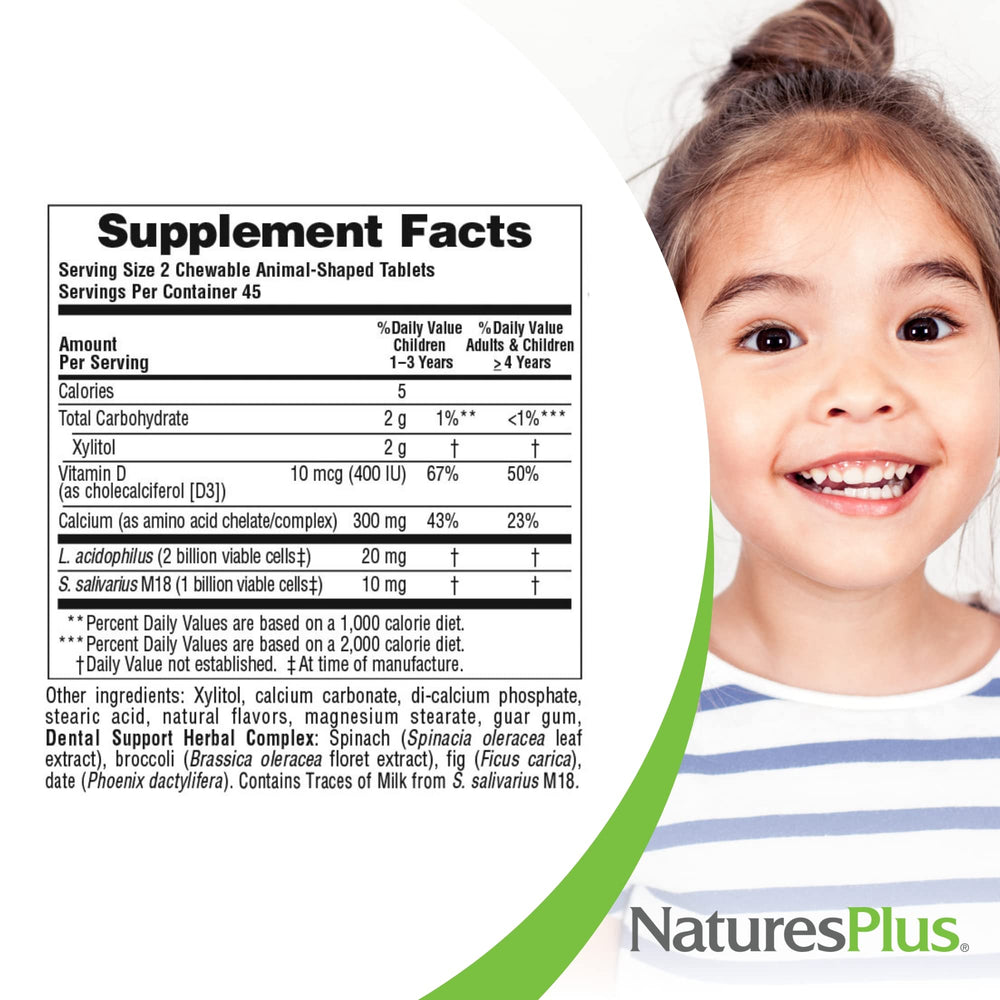 NaturesPlus Animal Parade Tooth Fairy blends spinach, broccoli, fig and date concentrates for dental support.