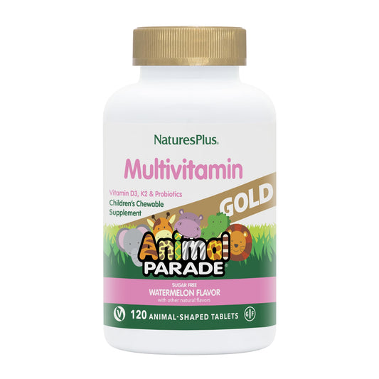 NaturesPlus Animal Parade Gold bottle front, kid-friendly vitamins for daily support
