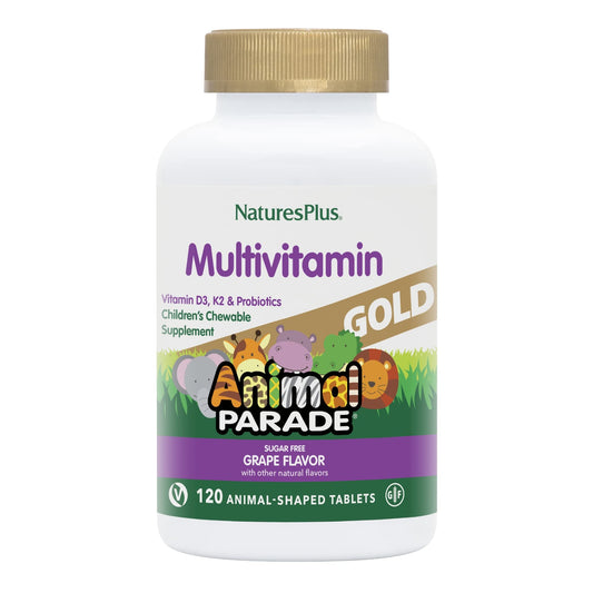Nature'sPlus Animal Parade Gold bottle front highlighting kid-friendly multivitamin