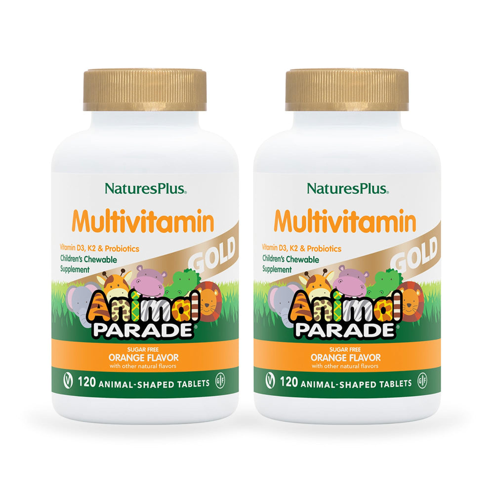 Nature's Plus Animal Parade Gold bottle front view showing orange multivitamin for kids