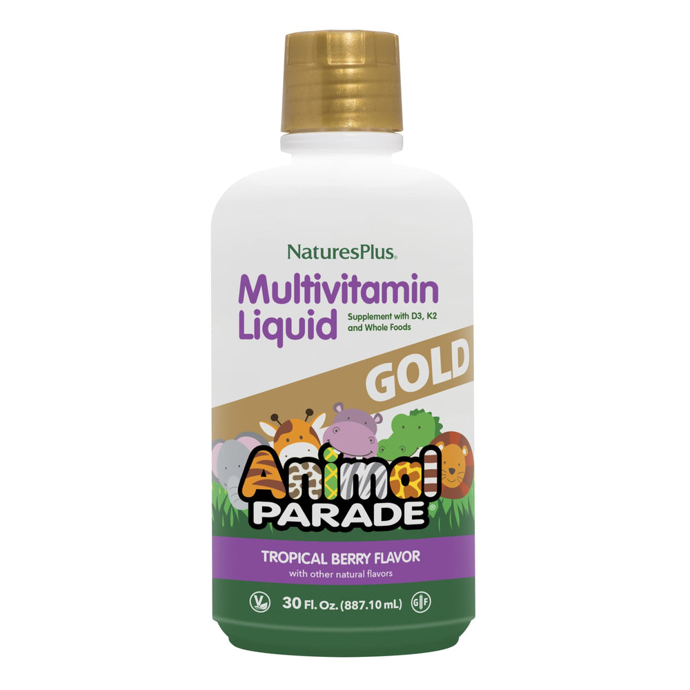 NaturesPlus Animal Parade Gold bottle pour showing tropical berry flavor for kids.