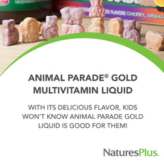 NaturesPlus Animal Parade Gold DV vitamins label highlights essential nutrients for kids.