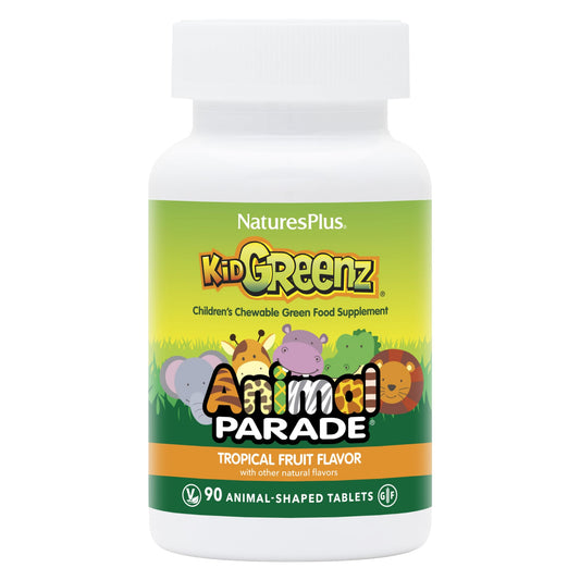 NaturesPlus Animal Parade KidGreenz chewables in a playful bottle promote easy daily veggie intake.