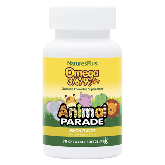 NaturesPlus Animal Parade Omega-3/6/9 Junior lemon softgels for kids, supports immune and brain health.