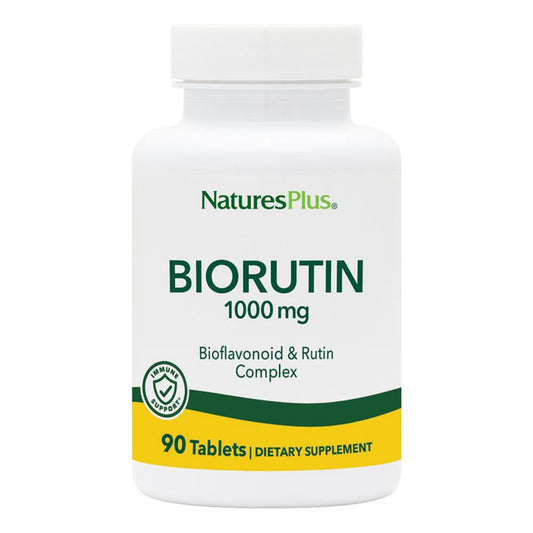 NaturesPlus Biorutin bottle-front view highlights 90-tablet supply for vascular support.
