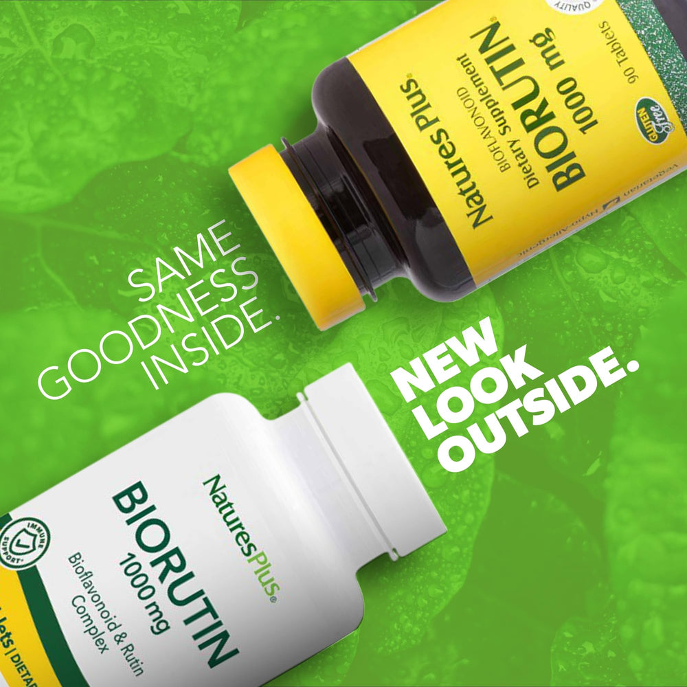 NaturesPlus Biorutin bottle-label close-up emphasizing bioflavonoid complex for vascular health.