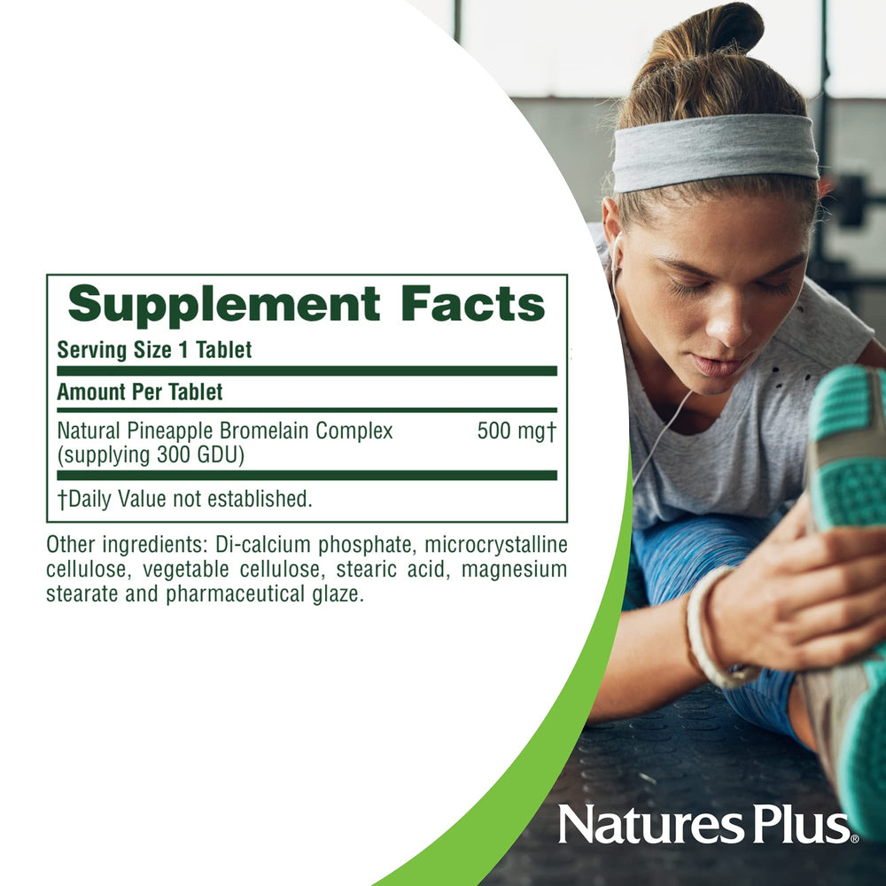 NaturesPlus Bromelain label close-up showing 500 mg strength and enzyme support.