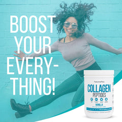 NaturesPlus Collagen Peptides Vanilla glass with drink showing versatile dissolvability.