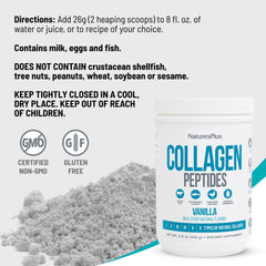 NaturesPlus Collagen Peptides Vanilla packaging highlighting non-GMO and gluten-free quality.