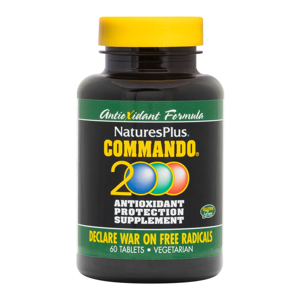 NaturesPlus Commando 2000-60 tablets bottle on white surface highlighting antioxidant support