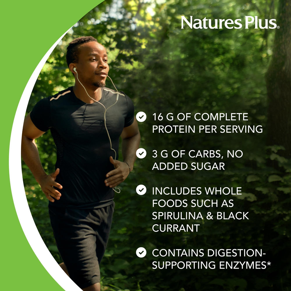 NaturesPlus Energy Shake powder close-up highlighting plant-based protein texture