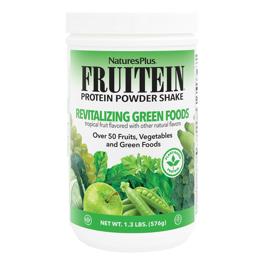 NaturesPlus FRUITEIN bottle front showing plant-based protein for daily energy.