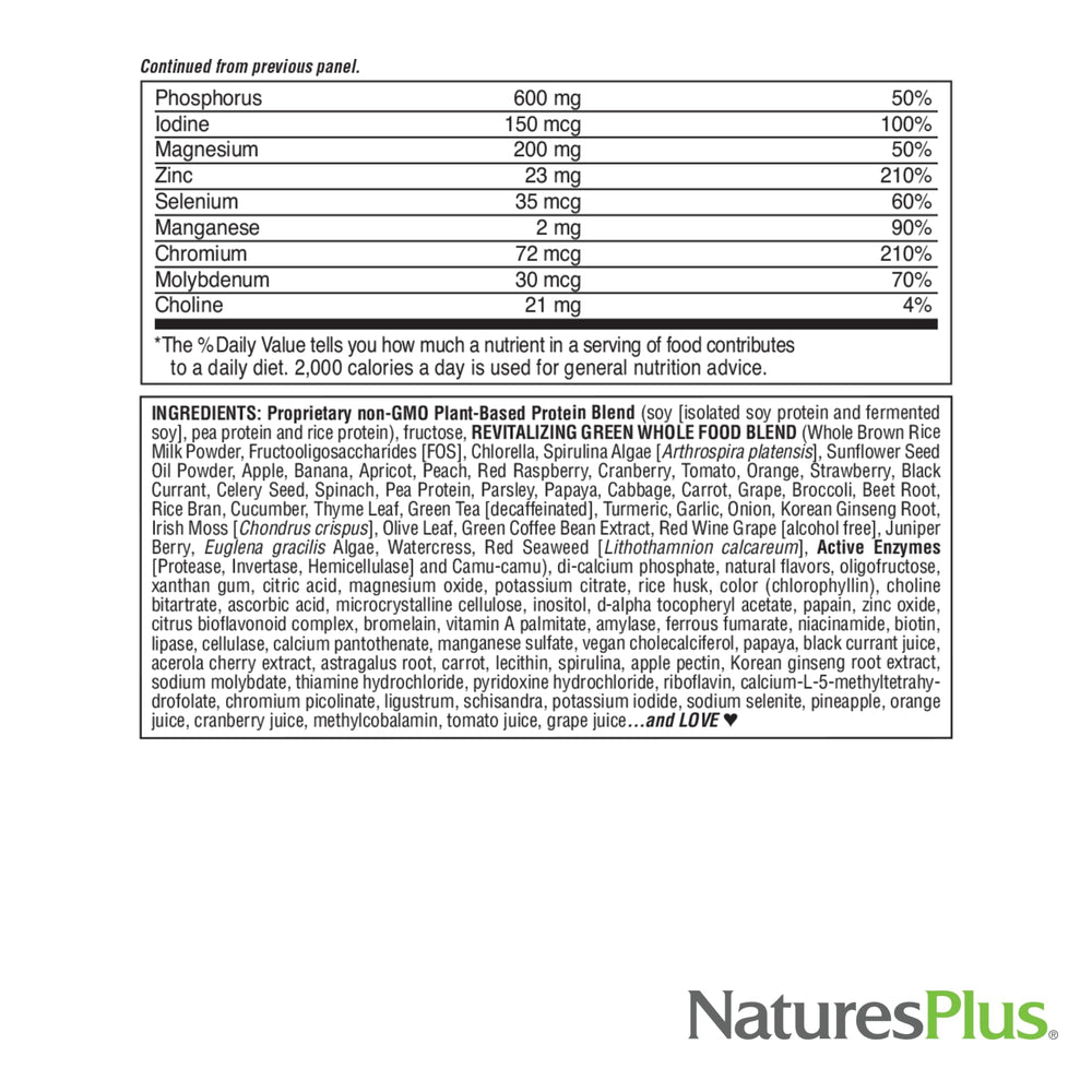 NaturesPlus FRUITEIN ingredients reveal gluten-free, non-GMO profile.