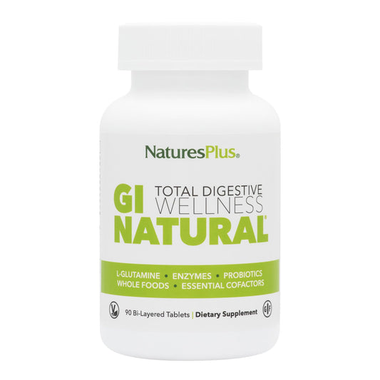 NaturesPlus GI Natural Total Digestive Wellness bottle front highlights probiotic support for daily digestion.
