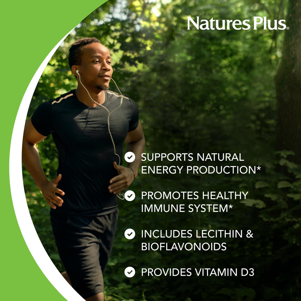 NaturesPlus gluten-free vegan badge highlights a plant-based multivitamin.