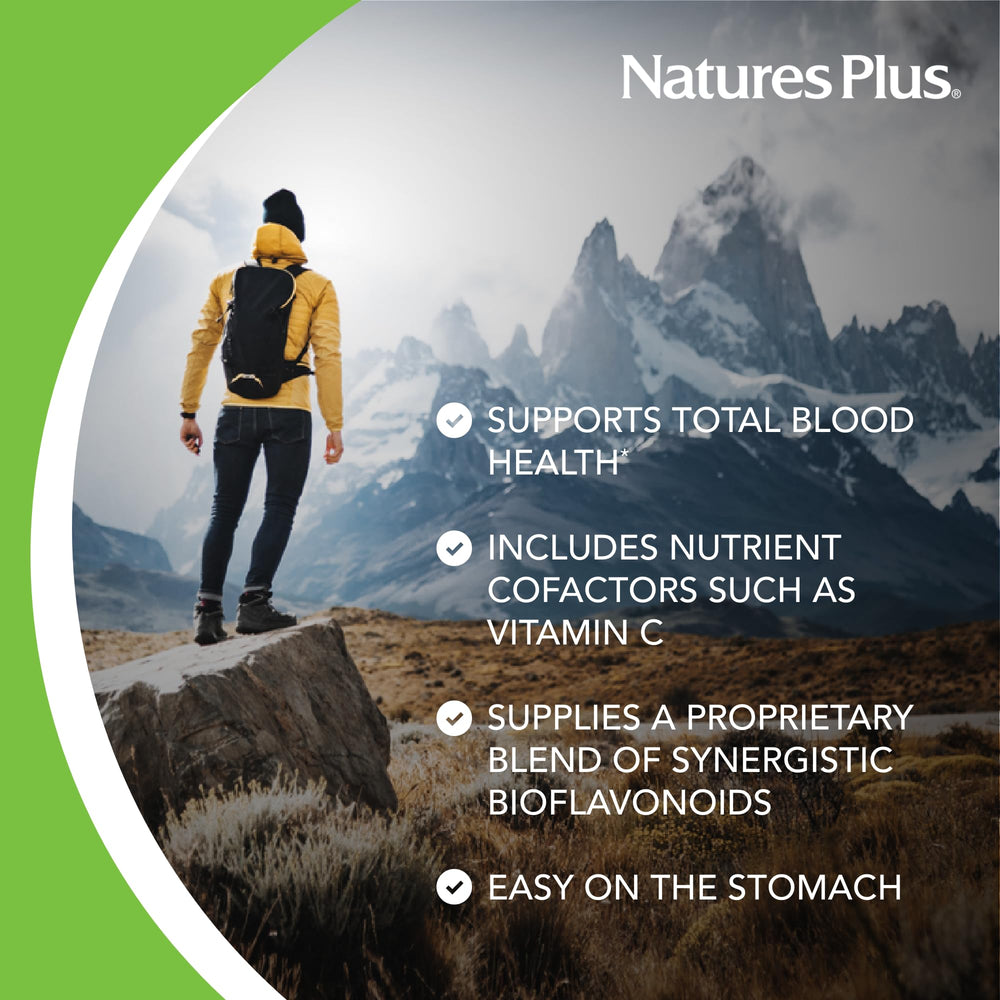 NaturesPlus Hema-Plex Iron bottle label highlighting vegan and gluten-free formula
