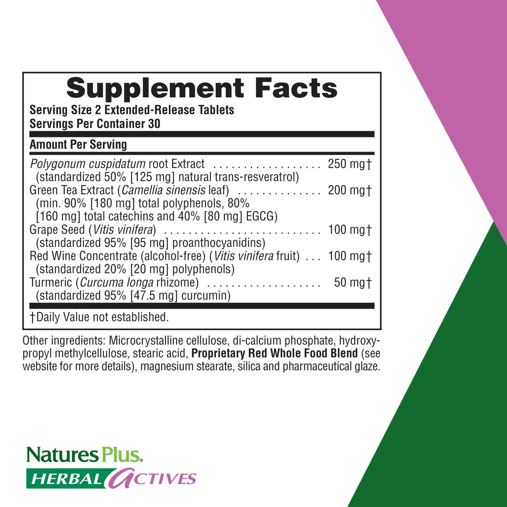 Close-up of NaturesPlus Resveratrol tablets emphasizing extended-release texture