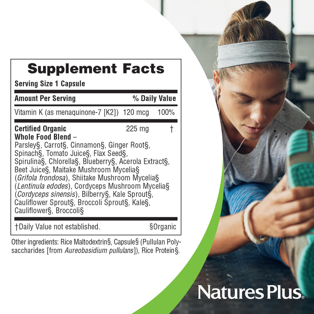 NaturesPlus K2 capsules closeup showing tiny, easy-to-swallow pills.
