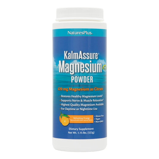 NaturesPlus KalmAssure magnesium powder orange flavor in a jar, supports calm nerves.