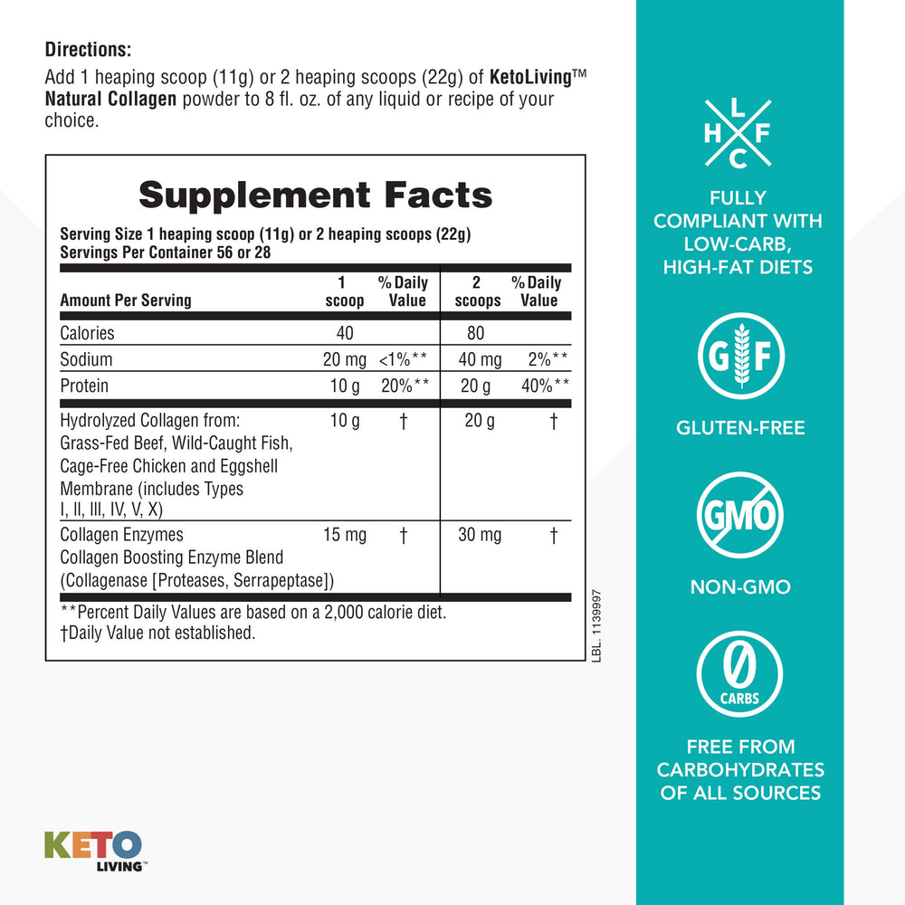 NaturesPlus KetoLiving tub closeup emphasizes premium quality and gluten free non-GMO formulation.