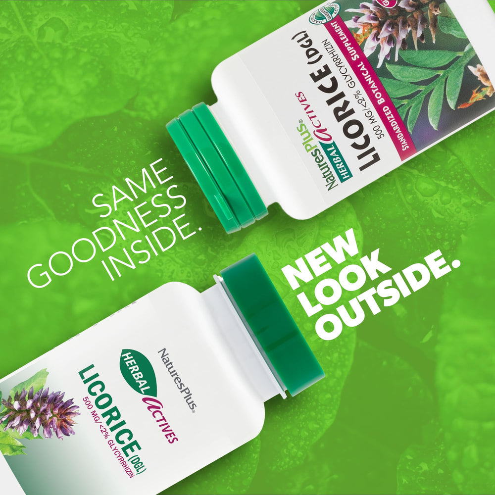 NaturesPlus Licorice DGL capsules close-up highlighting vegetarian, gluten-free formula for sensitive diets.