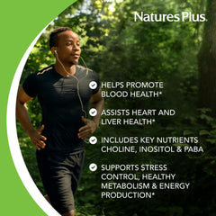 NaturesPlus Mega B-100 label closeup shows gluten-free, vegetarian formula.