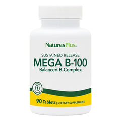 NaturesPlus Mega B-100 tablets bottle front showing high-potency B-complex support.