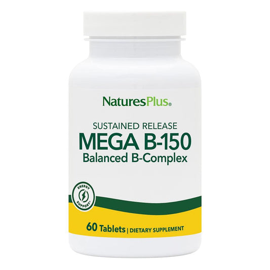 NaturesPlus Mega B-150 tablets front view in bottle showing label and potency