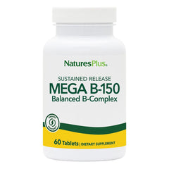 NaturesPlus Mega B-150 tablets front view in bottle showing label and potency