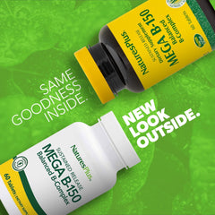 NaturesPlus Mega B-150 label close-up highlighting ingredients and clean formula