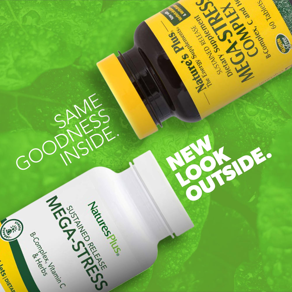 NaturesPlus Mega-Stress Complex bottle-back-label highlights ingredients and gluten-free formulation.