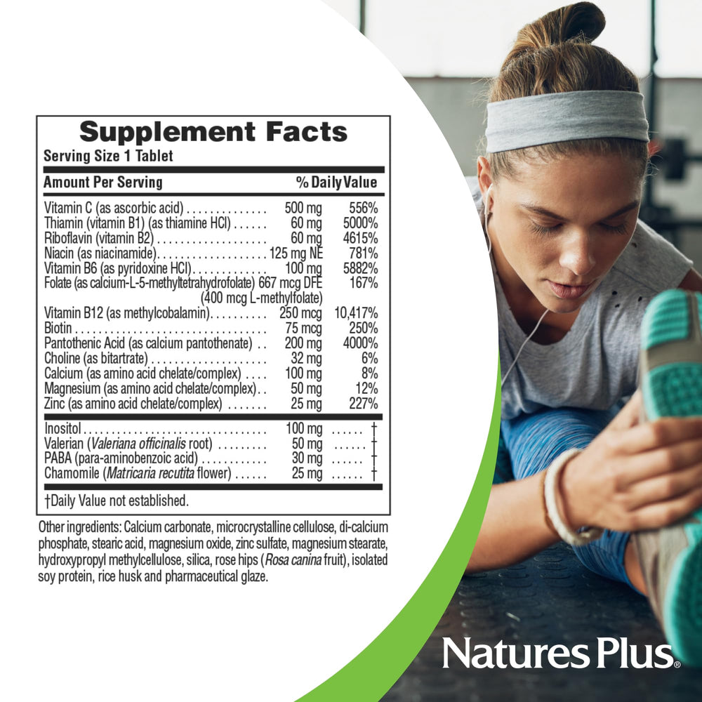 NaturesPlus Mega-Stress Complex packaging-scene shows 60 tablets per bottle.
