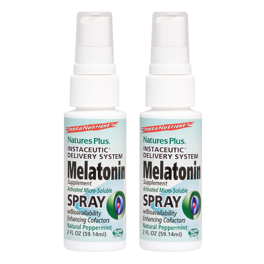 NaturesPlus Melatonin Spray bottle ready for a restful night routine.